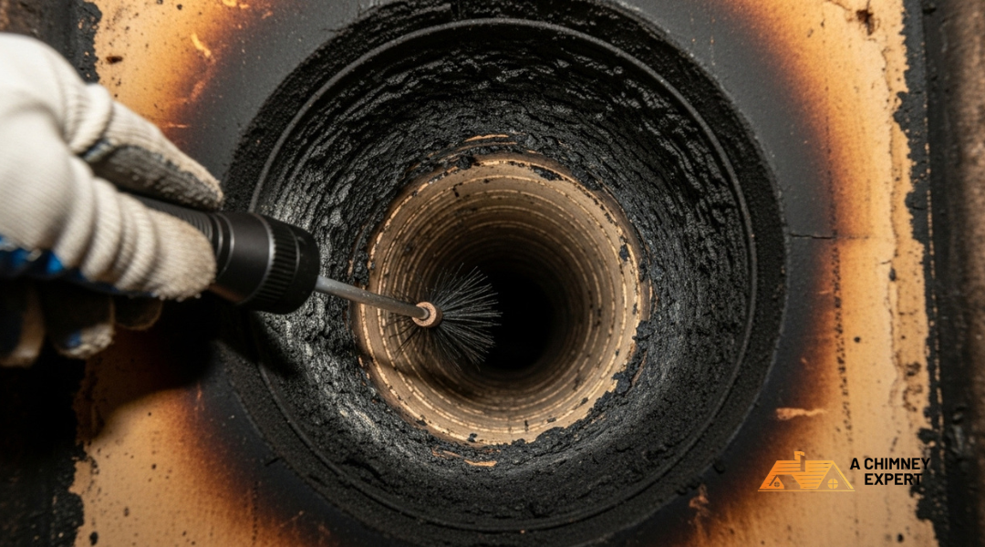 Thick creosote buildup inside a chimney flue showing signs of inadequate cleaning and fire hazard risk


