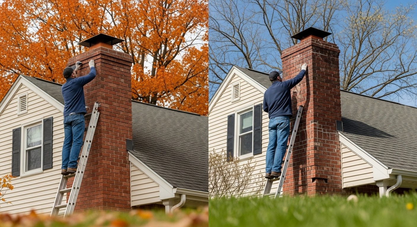 side-by-side images of a homeowner inspecting a chimney in fall for blockages and in spring for weather damage.