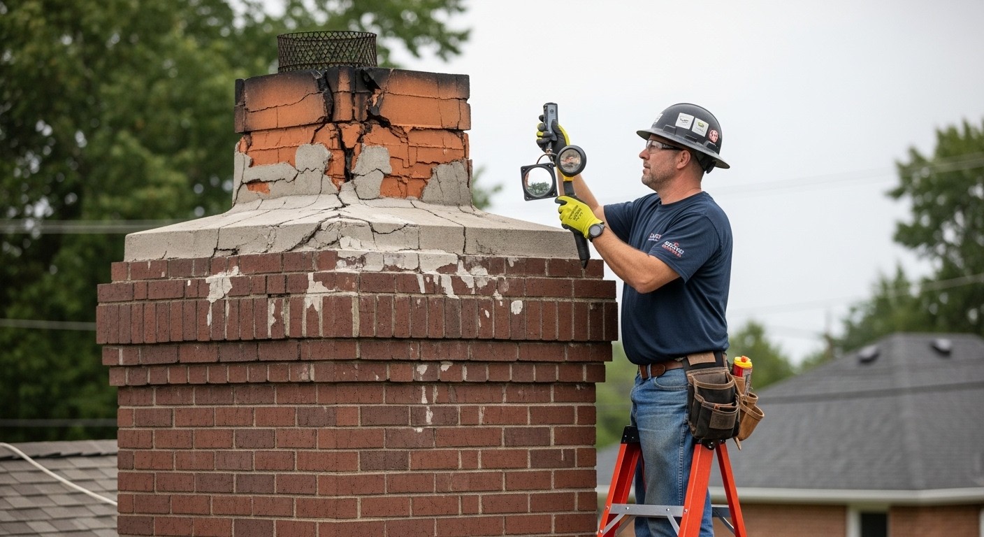 Technician examining cracked bricks on a residential chimney during daylight as part of a Level 2 fire damage inspection.

