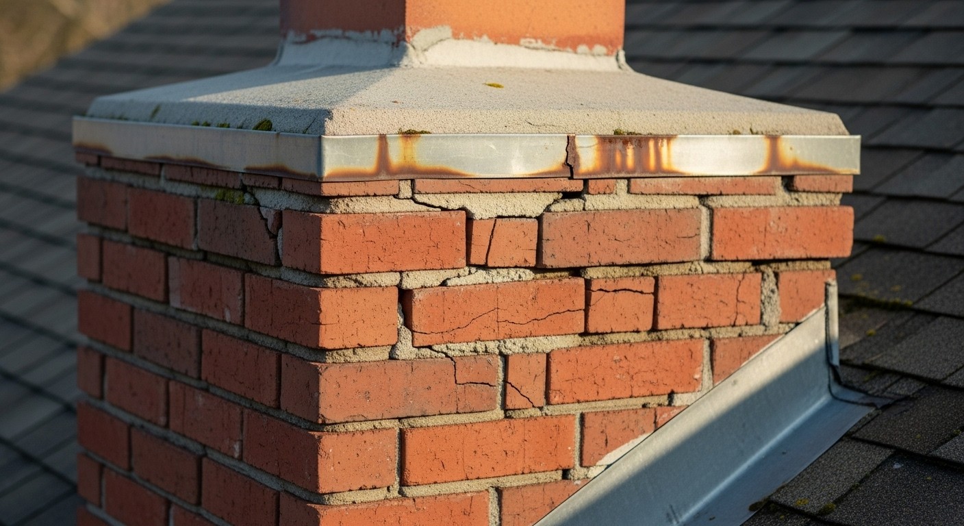 Close-up of a home chimney with visible early damage, including cracked mortar, loose bricks, and rust on the flashing.


