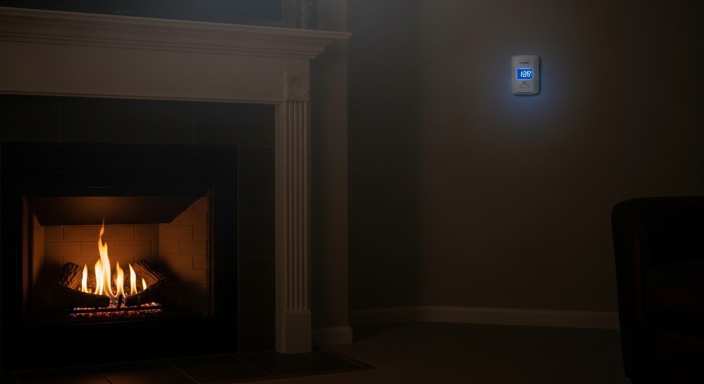 A quiet living room with a gas fireplace and carbon monoxide detector suggesting invisible gas presence


