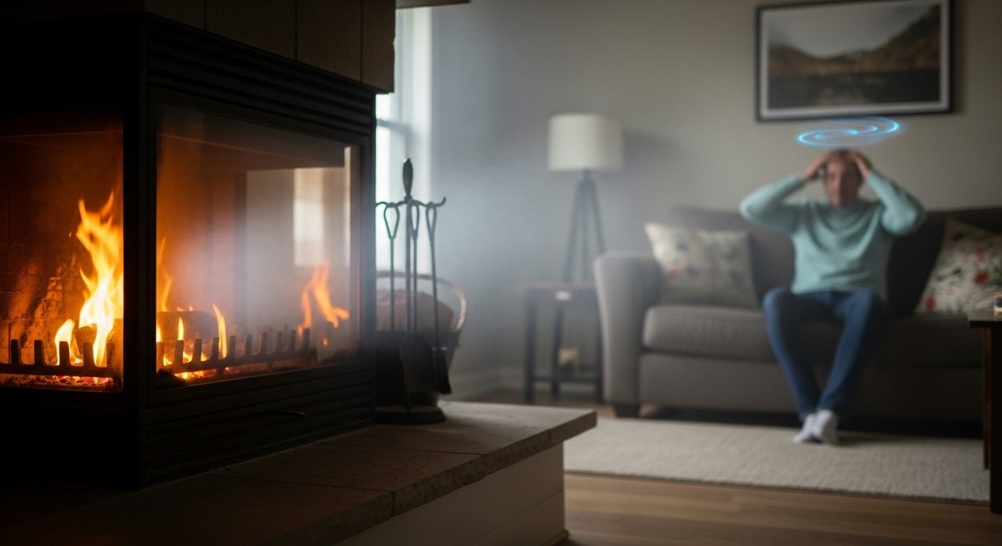 Living room with faint smoke from fireplace and person feeling unwell due to poor chimney venting

