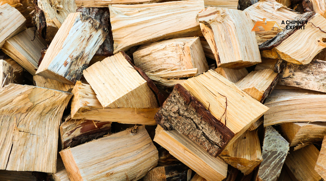 dry, seasoned hardwood logs stored outdoors for fireplace use