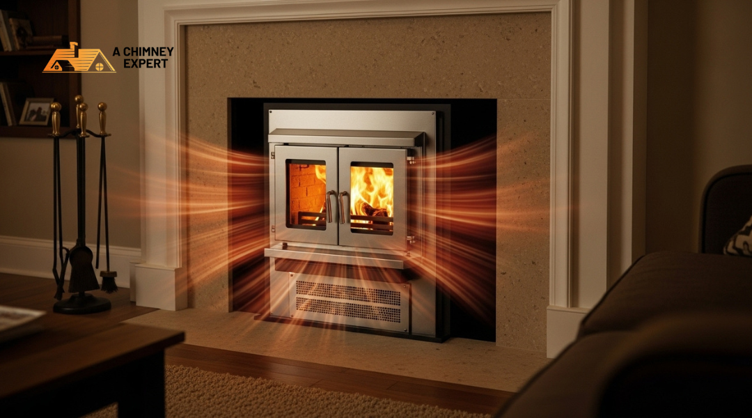 Modern fireplace insert with glass doors radiating heat into a living room