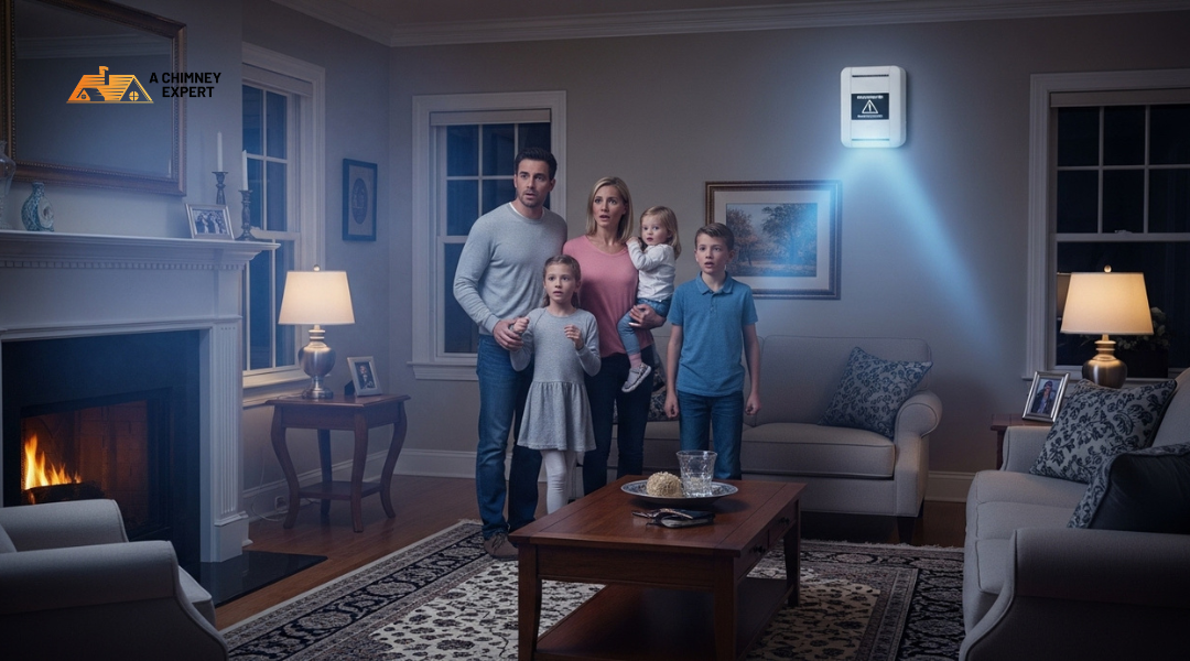 Carbon monoxide danger from chimney backdrafting in a Virginia home, with a detector showing a warning
