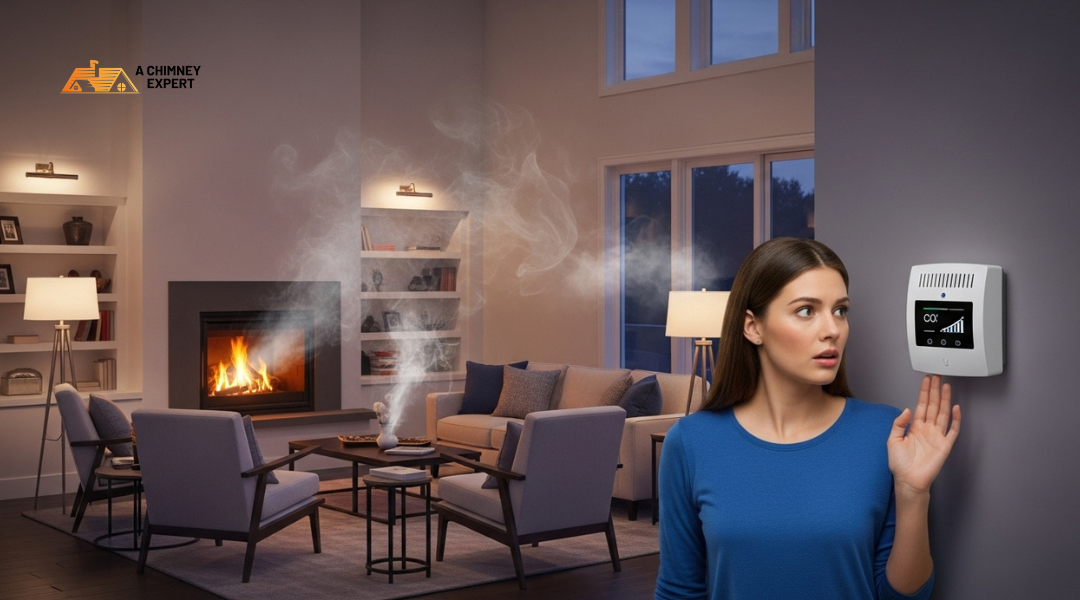Smoke from a backdrafting chimney entering a living room, posing carbon monoxide and fire hazards