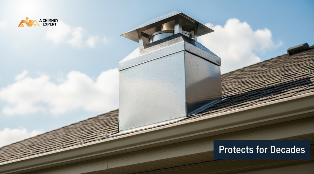 Stainless steel chimney chase cover professionally installed to protect chimney from weather damage.