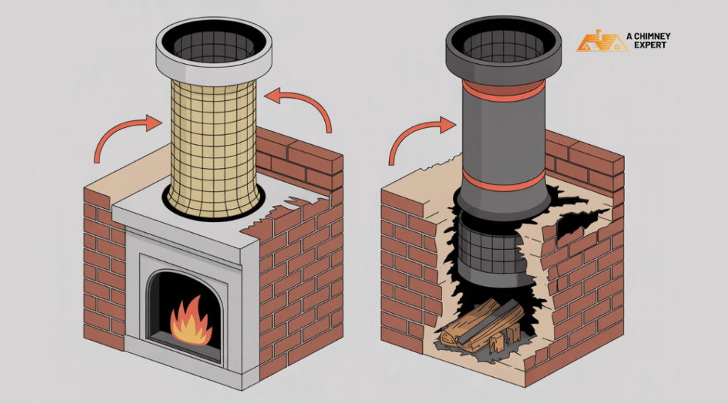 Cutaway of chimney showing flue, sealed damper, and insulation reducing heat loss and drafts
