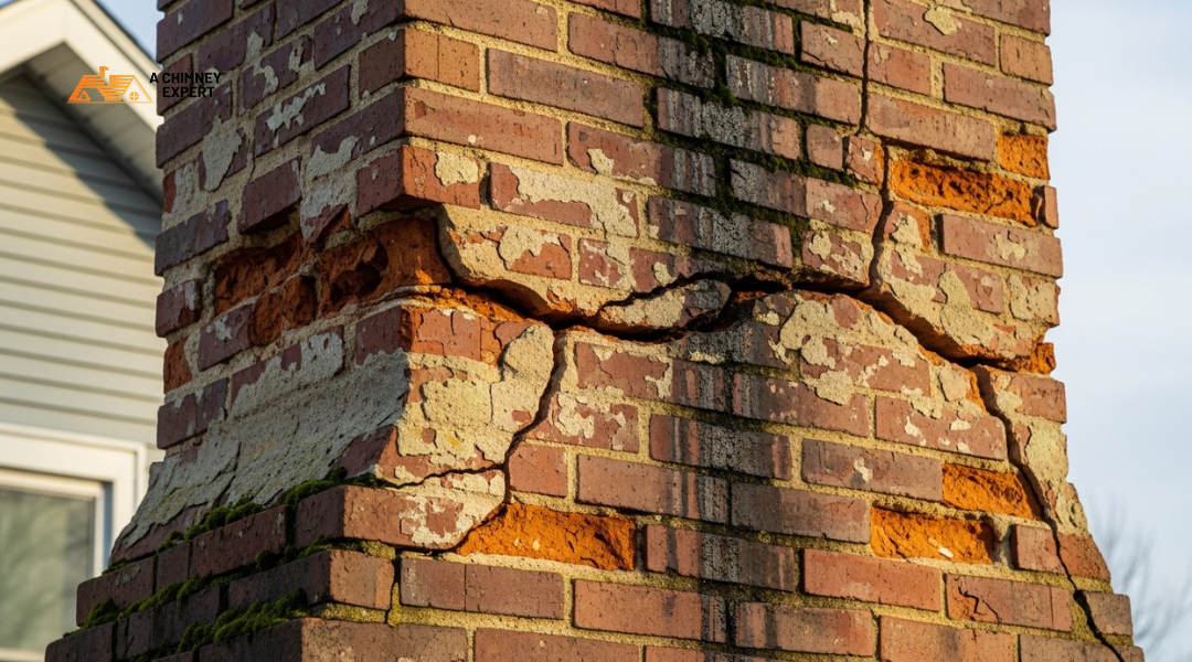 Chimney with cracked bricks and deteriorated mortar joints showing signs of heat loss risk