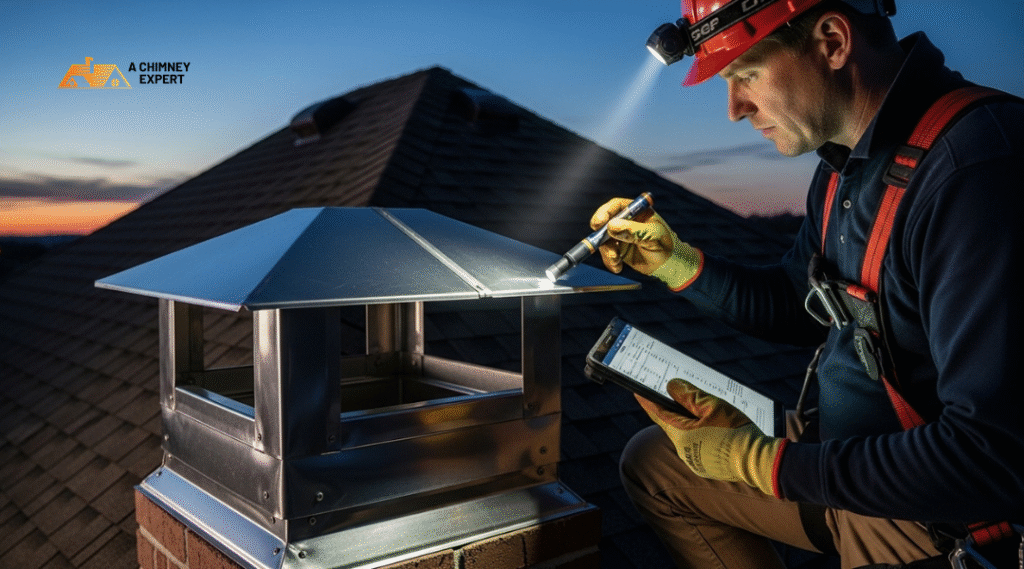 CSIA-certified chimney inspector examining stainless steel chase cover for fit, seal integrity, and corrosion.