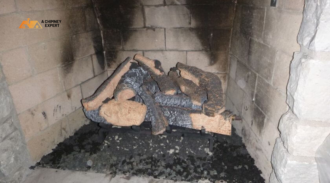 Fireplace with visible soot buildup and smoke residue indicating poor draft and ventilation