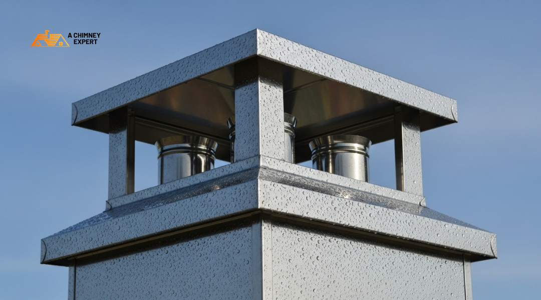 Stainless steel chimney chase cover sealing the top of a prefabricated chimney with flue pipe openings and drip edges.