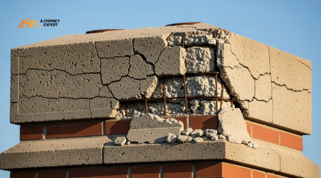 a chimney crown with visible cracks and chipped edges