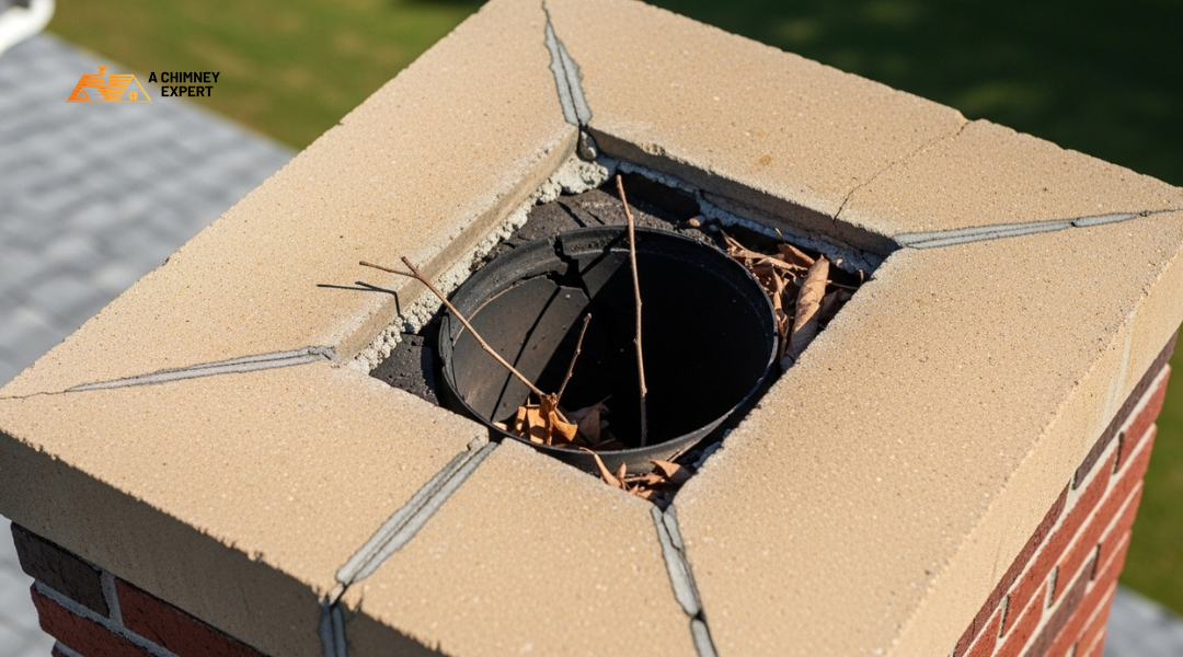Cracked flue liner, damaged mortar, and missing chimney cap showing how small chimney failures lead to bigger problems.