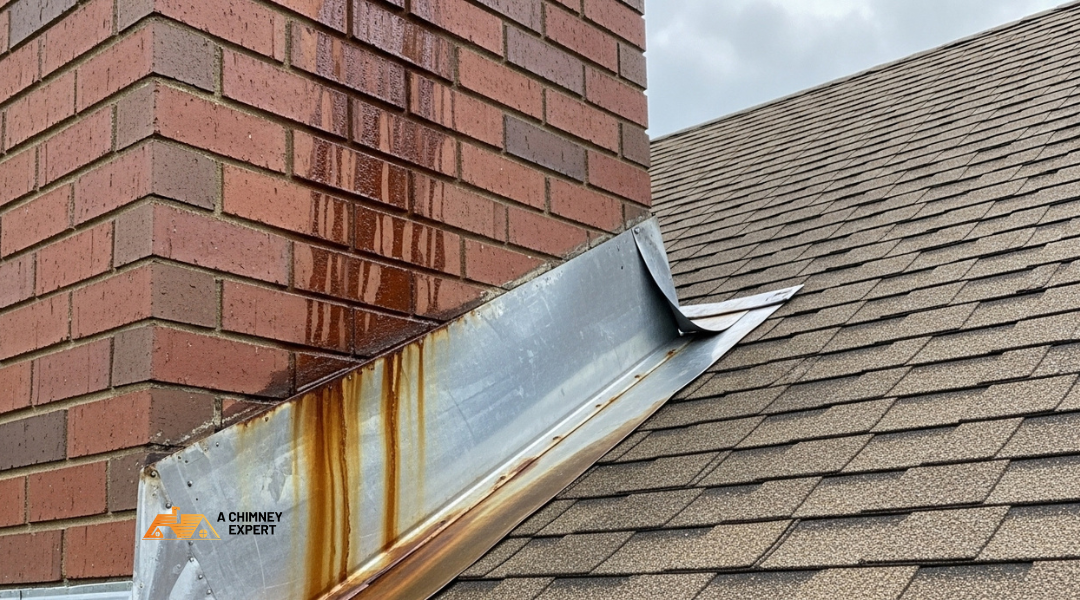 Loose and corroded chimney flashing pulling away from roof shingles, showing signs of water intrusion.