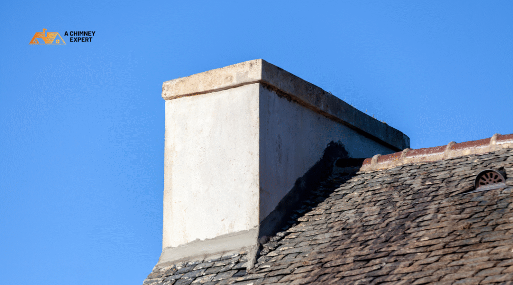 Close-up of chimney flashing sealing the gap between roof and chimney to prevent leaks.