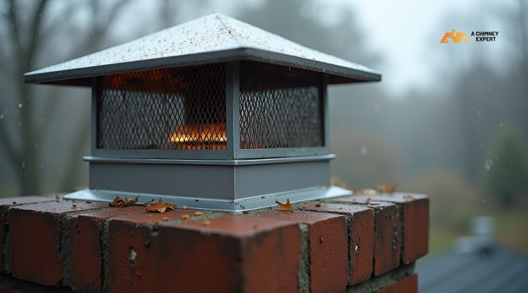 Stainless steel chimney cap with mesh screen blocking rain and debris on Virginia home.