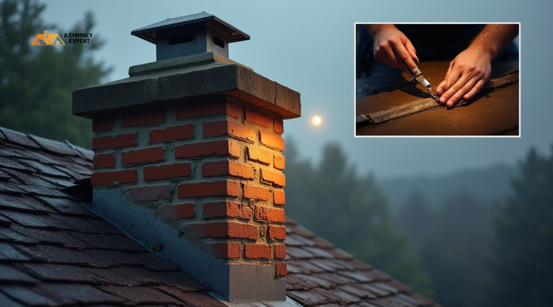 Technician repairing cracked chimney crown and rusted flashing to stop water leaks.