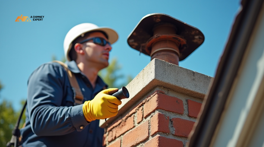 Technician inspecting chimney cap and flashing for cracks and rust in summer