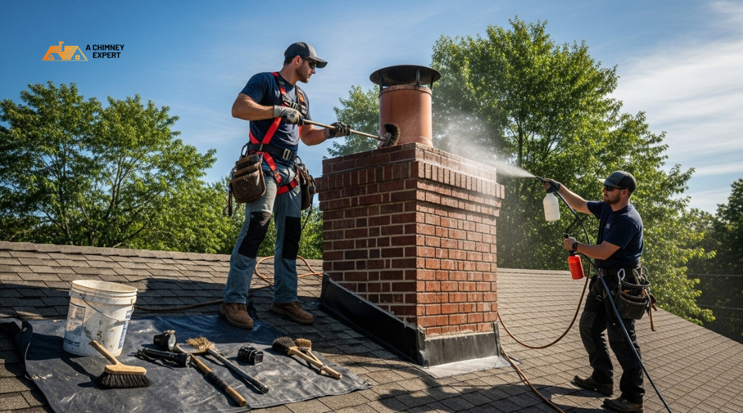 Technician cleaning and sealing a brick chimney during summer maintenance