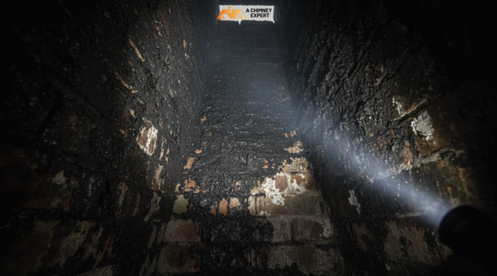 Clogged chimney flue with soot buildup and trapped moisture causing white staining.