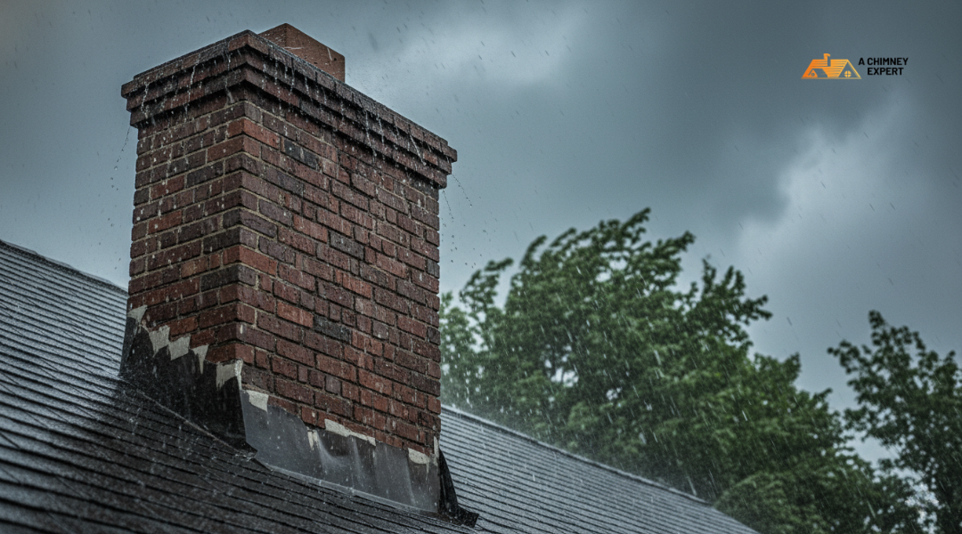 Brick chimney in Oak Grove VA during heavy rain and wind with loose flashing and storm clouds.