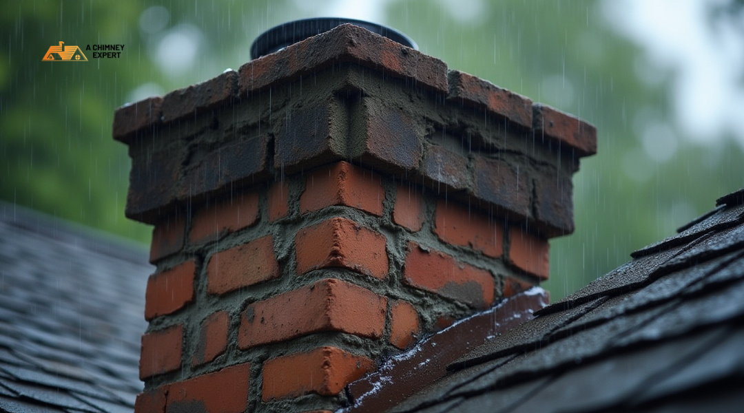 Rainwater seeping into cracked chimney bricks and rusted flashing.