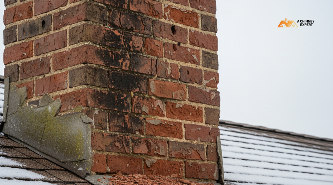 Close-up of chimney bricks with spalling and flaking from freeze–thaw moisture damage.