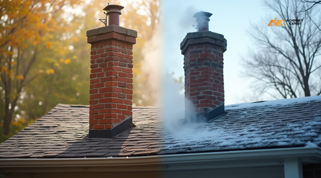 Brick chimney in Virginia showing weather damage from humidity and freeze-thaw cycles