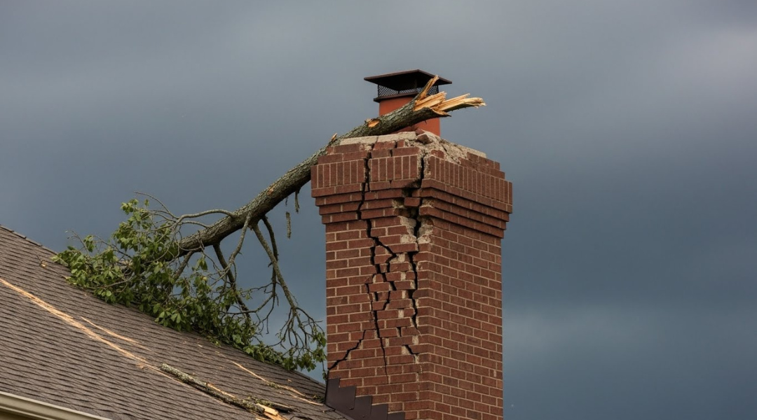 Damaged home chimney hit by storm with fallen tree branch.