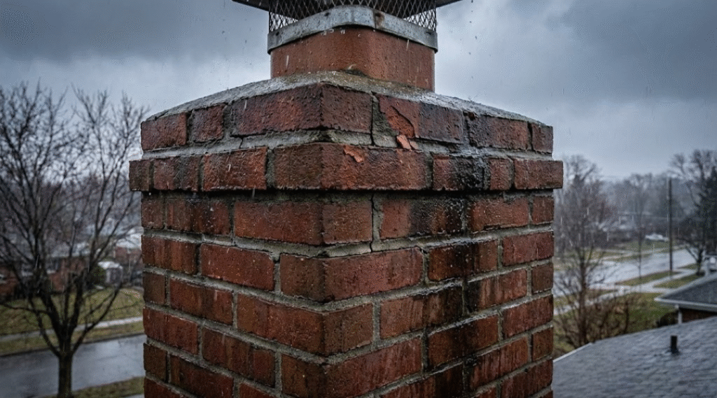 Weather damage on masonry chimney with moisture absorption, cracked mortar, and early spalling after heavy rain.