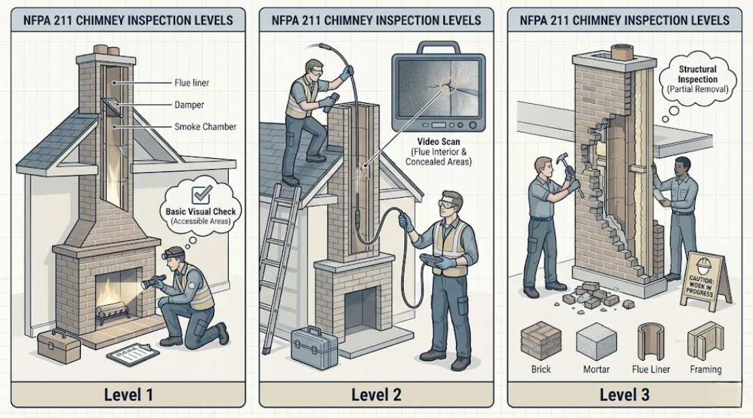 Diagram showing NFPA 211 Level 1, Level 2, and Level 3 chimney inspections with visual, video-scope, and structural access checks.