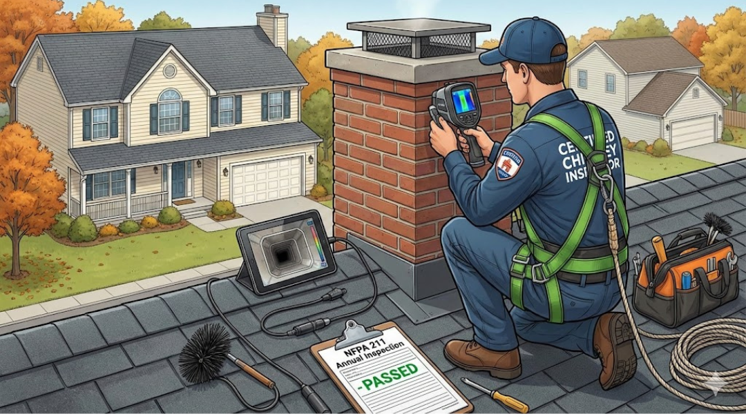 Chimney inspector checking a residential chimney for fire and ventilation risks during an annual NFPA 211 inspection.