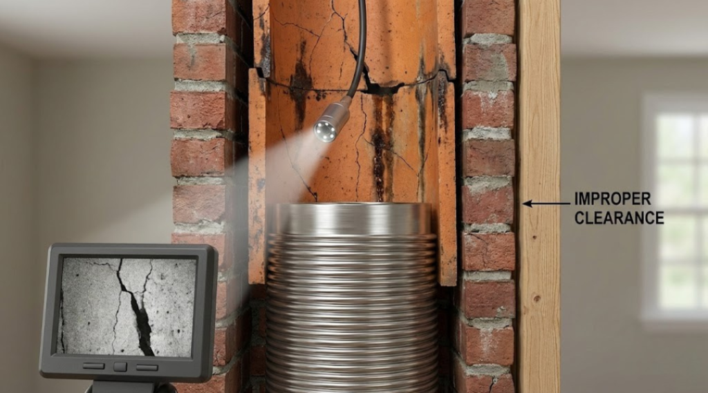 Chimney liner inspection showing cracked flue liner and improper clearance from combustible framing