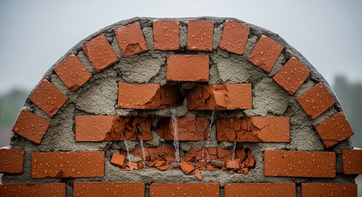 cross-section view of chimney internal mortar washout from rain infiltration.