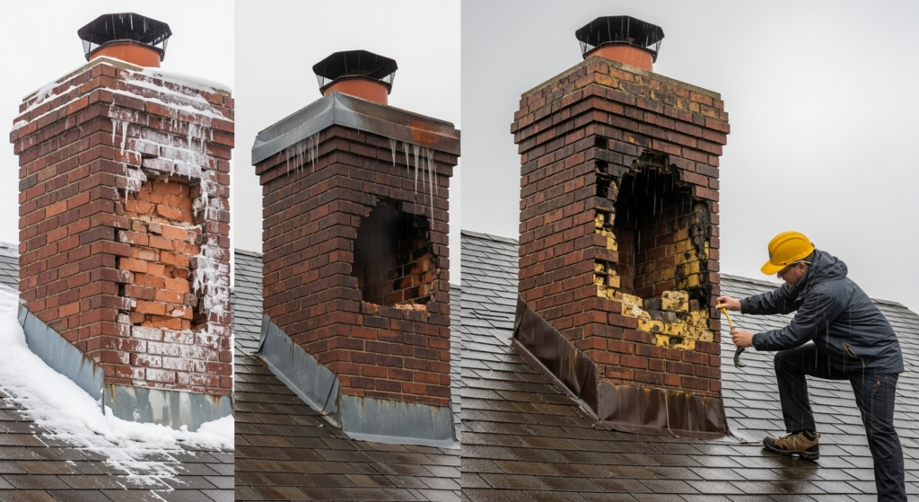 four-season view of brick chimney damaged by winter freeze-thaw, spring rain, summer humidity, and fall inspection needs.