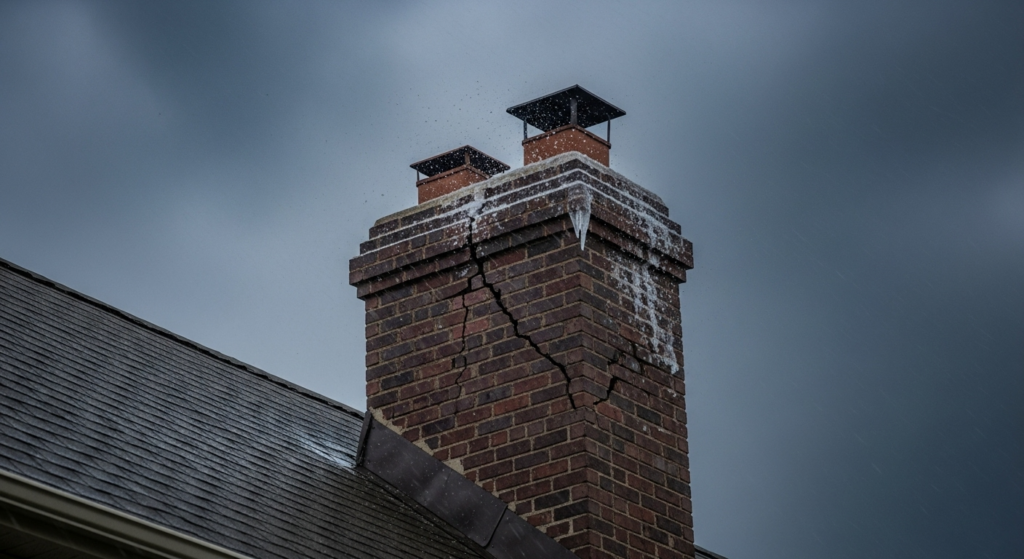 Old brick chimney damaged by severe storm winds, rain, and ice buildup under dark clouds.

