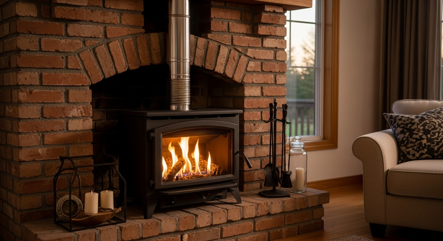 gas fireplace insert retrofitted into traditional masonry chimney with flexible metal liner for proper venting.