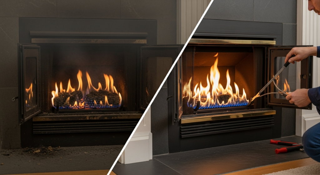 split image showing neglected gas fireplace hazards next to professionally maintained safe fireplace.