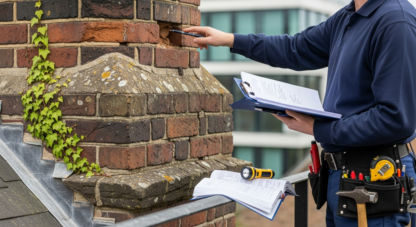Chimney technician evaluating an older brick chimney for code compliance using performance-based assessment rather than full replacement