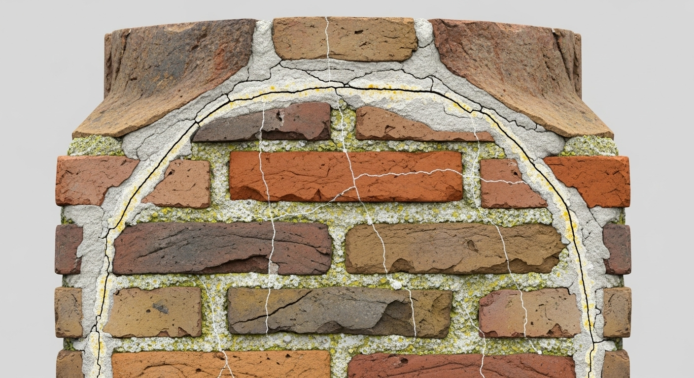 Cross-section of a historic brick chimney showing handmade bricks and soft lime mortar joints that allow moisture movement