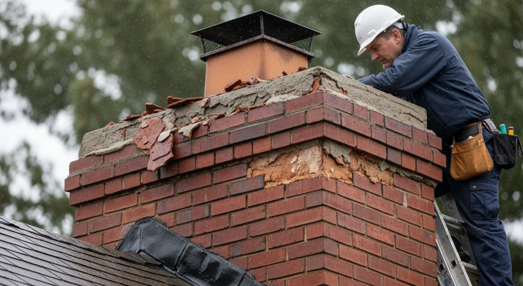 Photorealistic spring scene of chimney inspector finding spalling bricks, crumbling mortar, and cracks from winter freeze-thaw moisture release.


