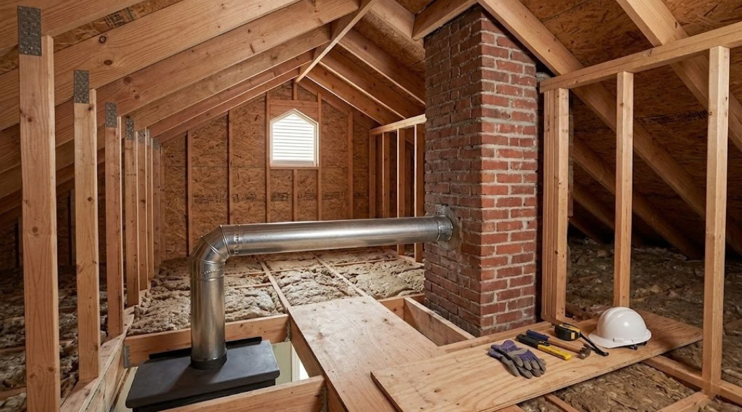 Masonry chimney in attic showing proper clearance to combustibles per NFPA 211 safety standards