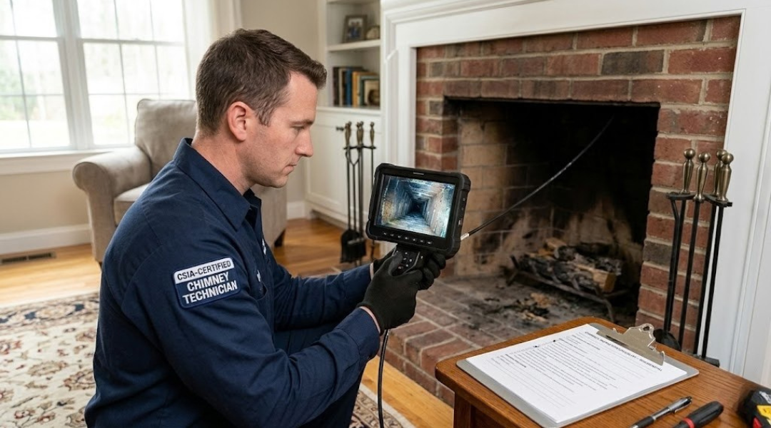 CSIA certified chimney technician conducting NFPA 211 chimney inspection with video scanning equipment