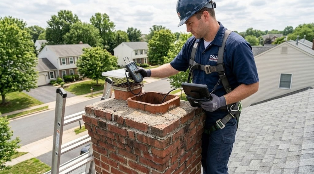 CSIA certified chimney inspection in Sterling VA with draft testing and flue liner evaluation