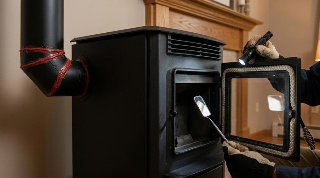 Technician inspecting pellet stove gasket and sealed vent pipe joints for air leaks and proper combustion safety