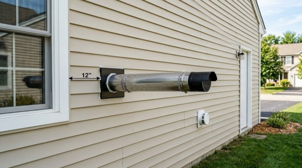 Horizontal pellet stove vent termination with proper vertical rise and window clearance on exterior wall