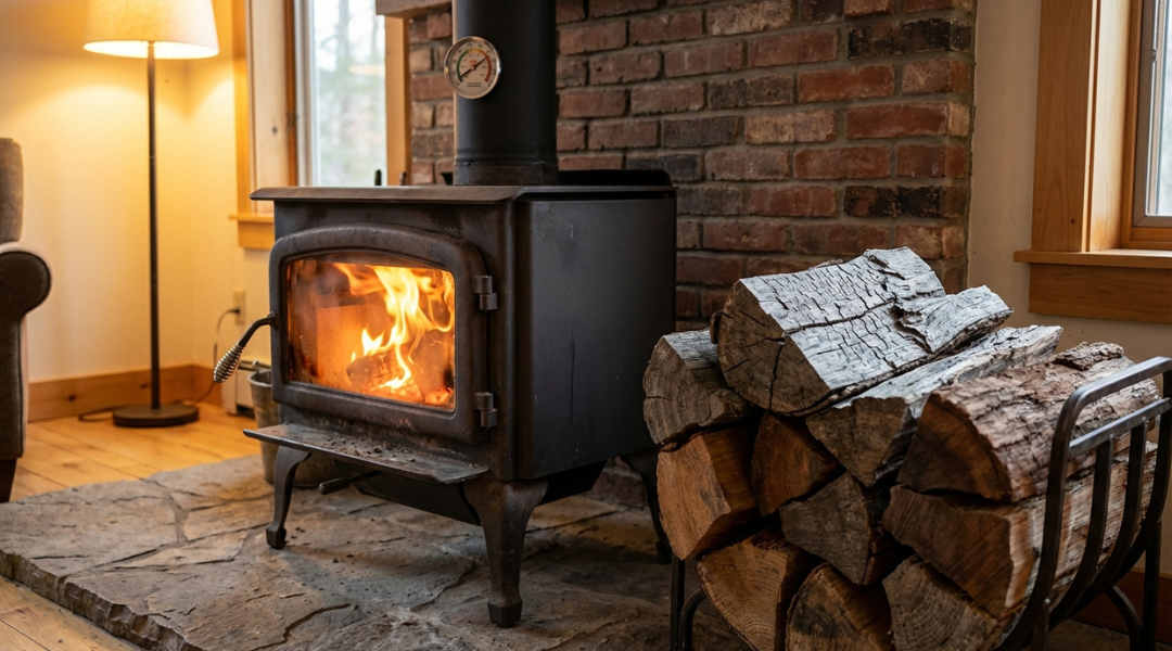 Wood stove with stovepipe thermometer showing safe flue temperature and seasoned firewood nearby