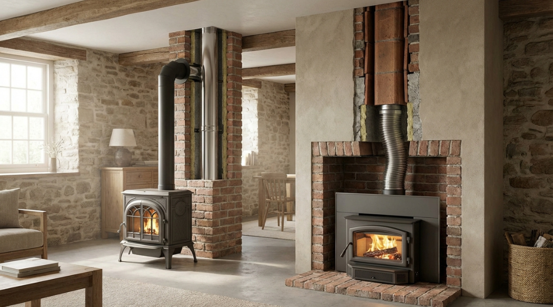 Comparison of wood stove flue pipe and fireplace insert chimney liner showing draft pathway differences