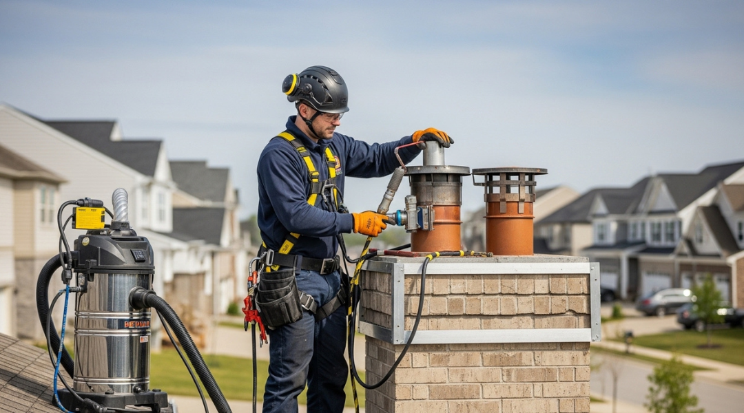 Licensed chimney technician using HEPA vacuum and safety gear during inspection in Northern Virginia residential area